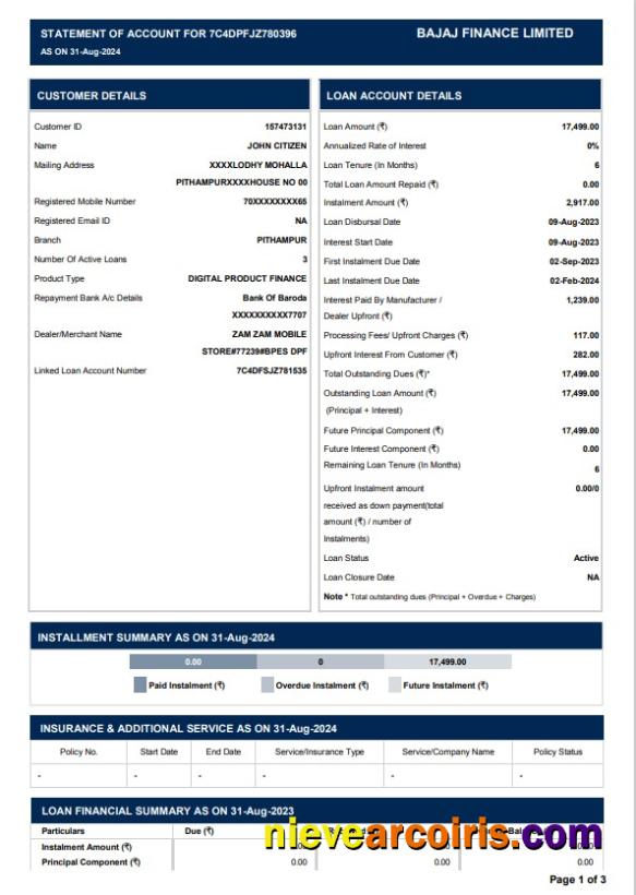 INDIA BAJAJ FINANCE LIMITED bank statement, Word and PDF format
